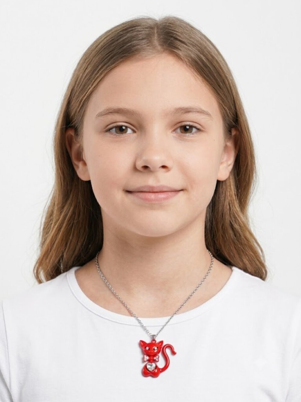Kitty Cat Pendant Necklace Red Rhinestone Movable Head 14" Chain New